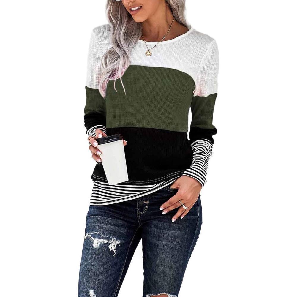 Womens M Long Sleeve Striped Color Block Waffle Crewneck army green Patc…​